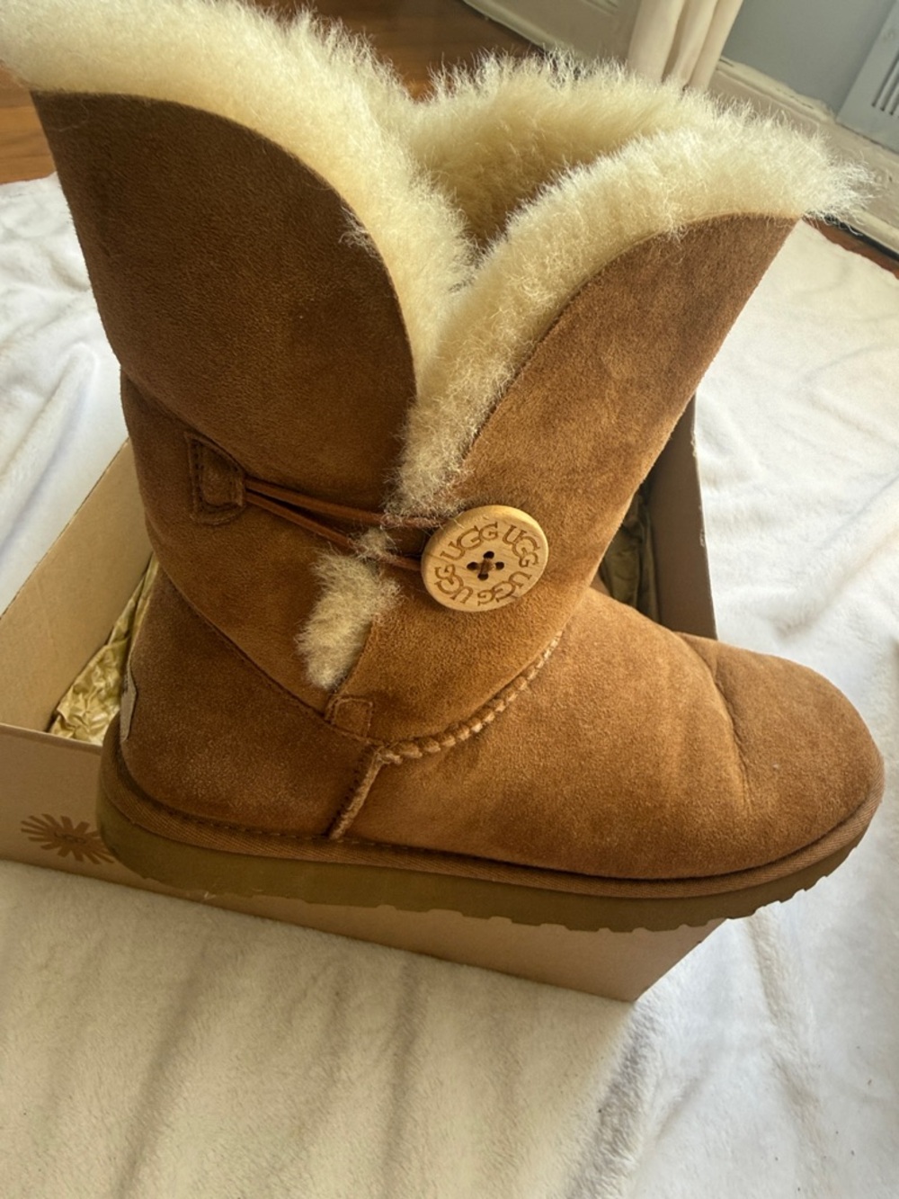 UGG Chestnut Suede Button Mid-Calf Shearling Boots - Picture 3 of 7